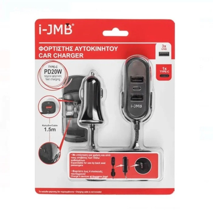 Smart Charge autós töltő, 3 USB és TYPE C csatlakozó, DC/DC 12-24V, fekete színű