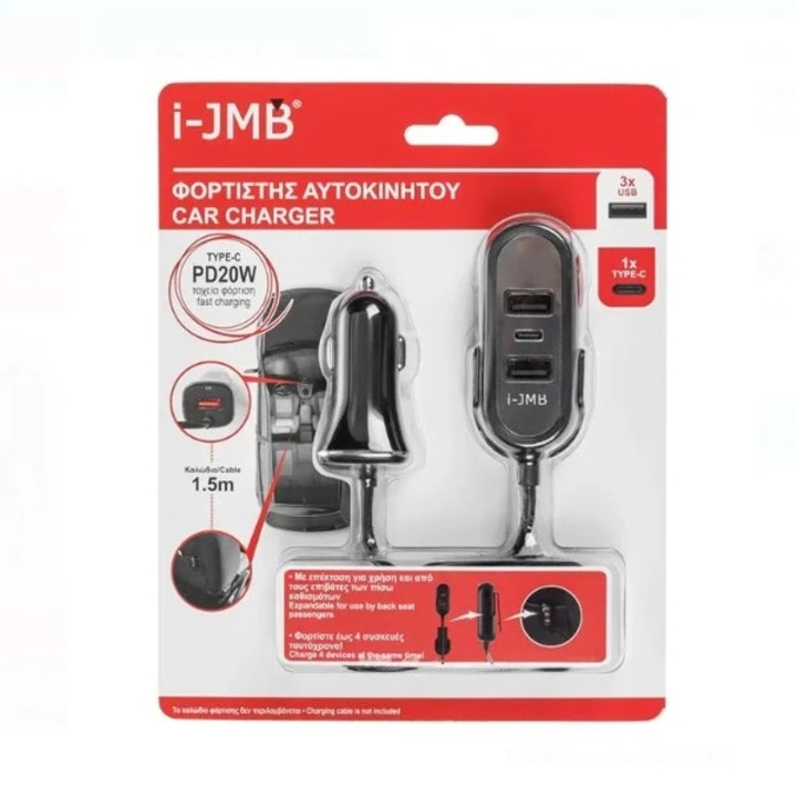 I-JMB smart charge autós töltő 3 USB porttal + 1 TYPE C i-JMB, 1, 5 m, fekete