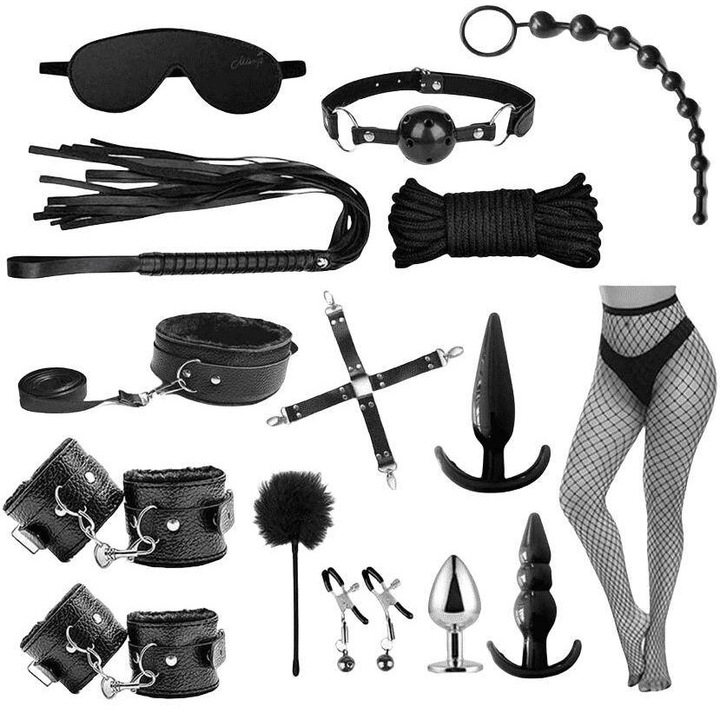 Еротичен BDSM комплект, мрежесто бельо с кръстосан дизайн, 8 аксесоара, черен