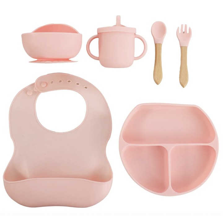 Комплект за хранене на бебета и деца, лилав, лигавник, чинийка с отделения, купа с вендуза, силиконови прибори за хранене, чашка за закуска, идеален за разнообразяване, без алергени, силиконов, розов