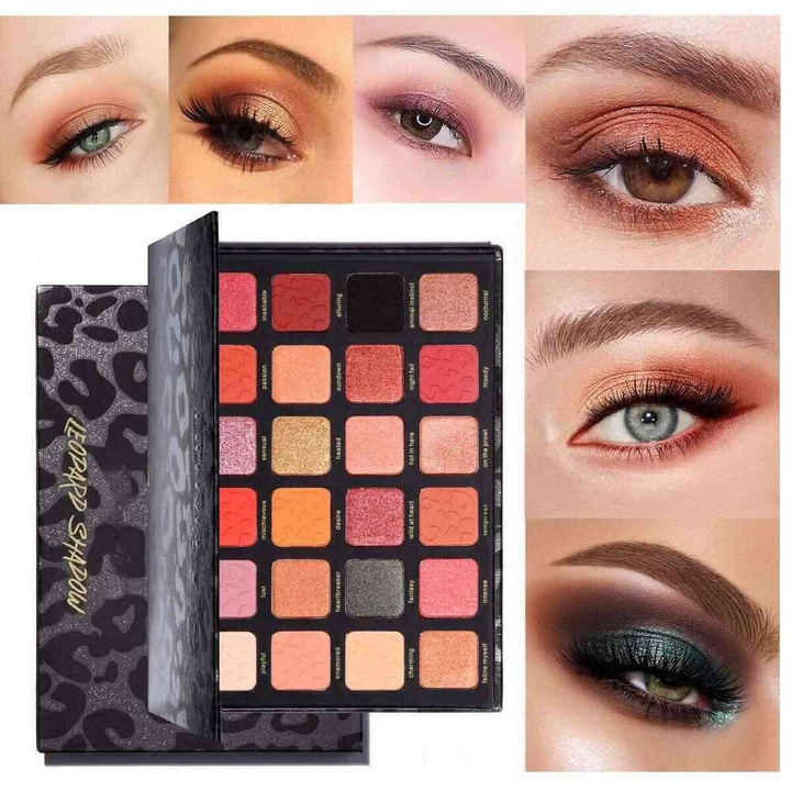 24 színű szemhéjfesték paletta, rózsaszín, narancs, barna, matt és csillogó textúrákkal