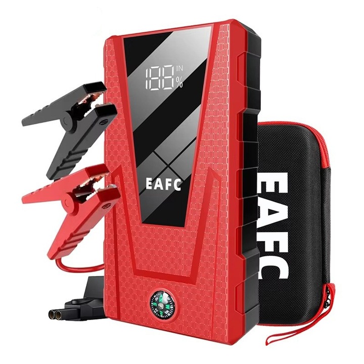 Стартер за кола, 12V, 1200A, бензин/дизел 4/2L, LED фенерче, преносимо, Многофункционален червено