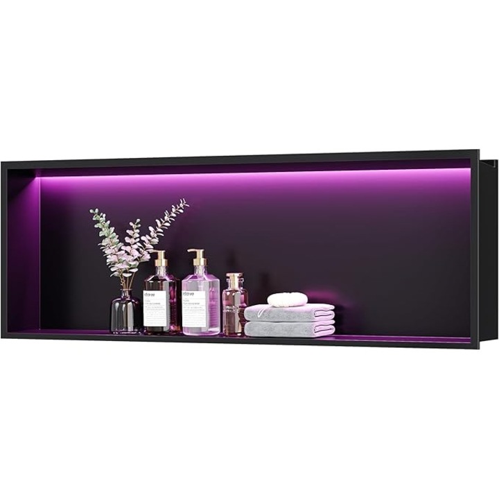 Raft de perete incastrabil NeoHomee, Iluminat LED RGB si Telecomanda, IP68, otel inoxidabil, 90 x 30 x 10 cm, Negru