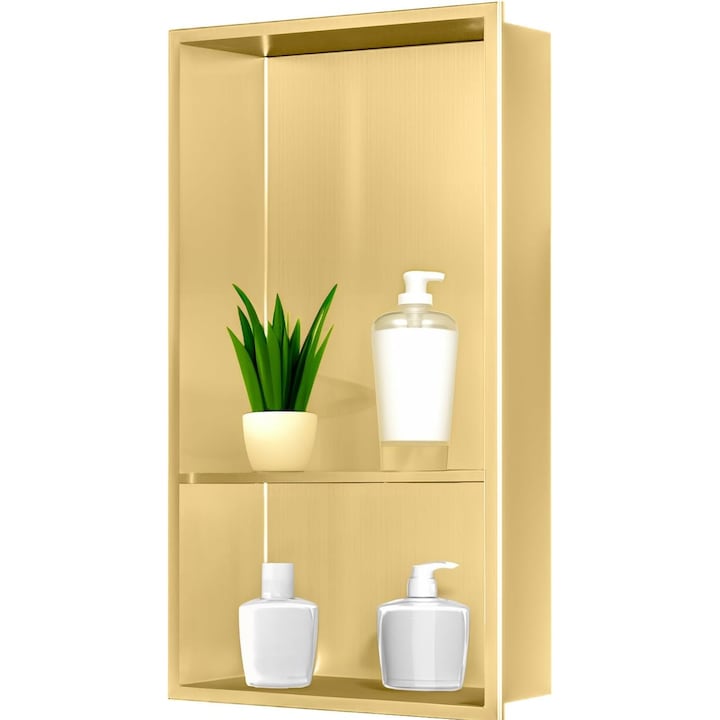 Raft dublu de perete incastrabil Sunrik, otel inoxidabil, 60 x 30 x 10 cm, Auriu