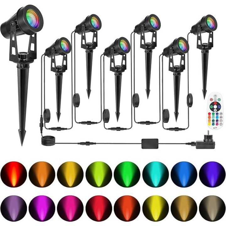 Set 6 lampi pentru gradina, RGB LED, 12 V, 18 W, 1200 lm, proiector cu telecomanda, impermeabil IP65, Iluminat exterior pentru gradina, curte, petrecere, copaci, cu tarus si cablu de 20 m