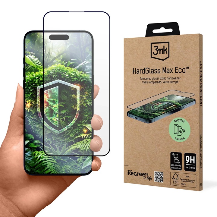 Sticla de protectie 3mk HardGlass Max Eco pentru iPhone 15 Plus/16 Plus, 9H, reciclabila, 0.3mm