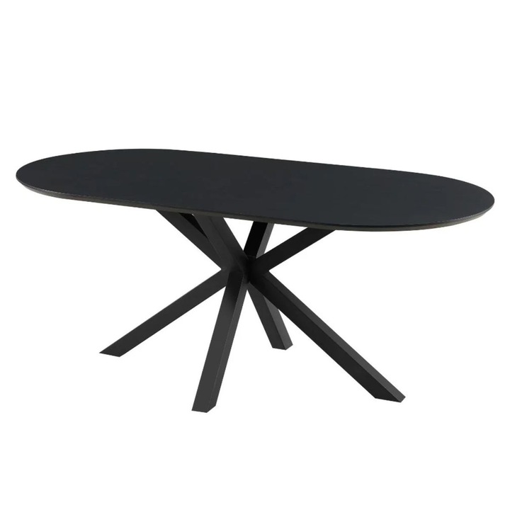Masa dining ovala cu picioare metalice si blat negru din MDF, 160x90x74 cm, 25 mm grosime, Haro
