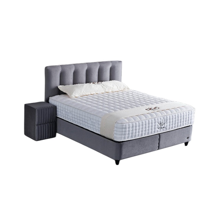 Set Pat Tapitat cu saltea, Gri inchis Bonita 160x200 cm cu Somiera Rabatabila si Lada Depozitare – Design Elegant & Functional