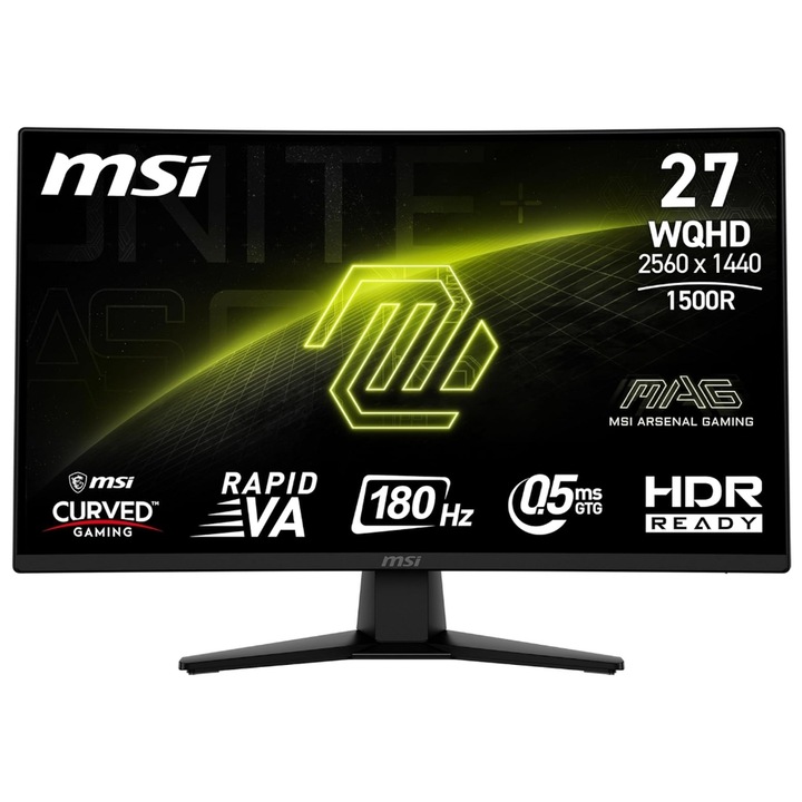 MSI 27" MAG 274CQF Rapid VA LED gamer monitor, WQHD 2560 x 1440, HDMI, DisplayPort, Ívelt képernyő, 180 Hz, 0,5 ms fekete