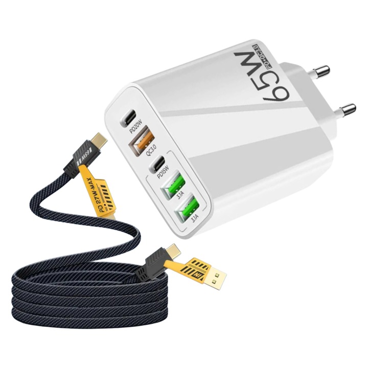 65 W-os hálózati adapter, 5 gyorstöltő port, 3x USB, 2x Type-C, Univerzális, Kompatibilis iPhone Samsung Huawei Xiaomi készülékekkel, USB-vel, Fehér