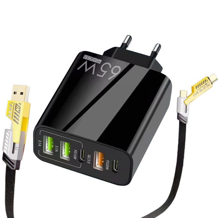 65 W-os 5 portos gyorstöltő hálózati adapter, 3x USB, 2x Type-C, univerzális, iPhone, Samsung, Huawei, Xiaomi készülékekkel kompatibilis, USB-vel, USB tartozék, fekete