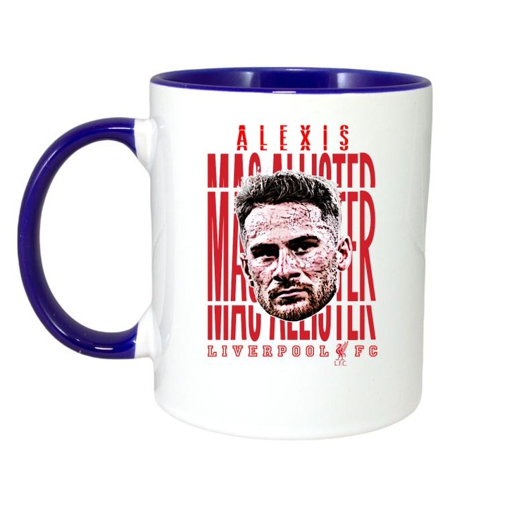 Cana cu fotbalistul Alexis Mac Allister-Liverpool FC, Cri-Flo, Ceramica, 330ml. Maner si interior Albastru