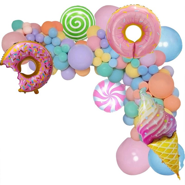 Комплект от 124 балона, Flippy, латекс и алуминиево фолио, бонбонен мотив, различни размери, многоцветни