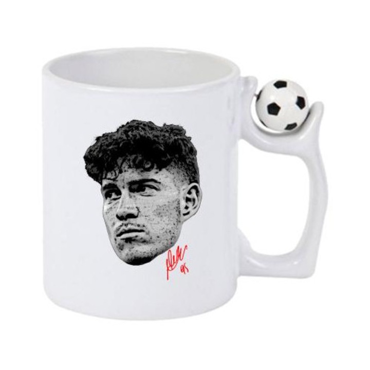 Cana cu fotbalistul Alessandro Bastoni-Inter Milano, Cri-Flo, Ceramica, 330ml. Minge rotativa antistres, Maner si interior Alb/Negru