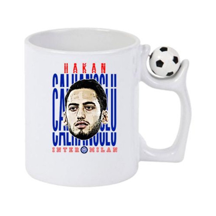 Cana cu fotbalistul Hakan calhanolu-Inter Milano, Cri-Flo, Ceramica, 330ml. Minge rotativa antistres, Maner si interior Alb/Negru