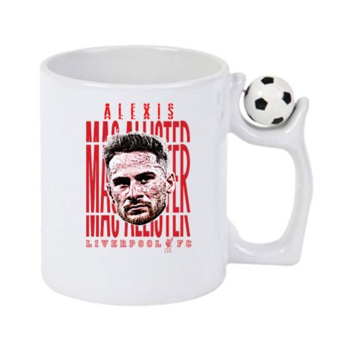 Cana cu fotbalistul Alexis Mac Allister-Liverpool FC, Cri-Flo, Ceramica, 330ml. Minge rotativa antistres, Maner si interior Alb/Negru