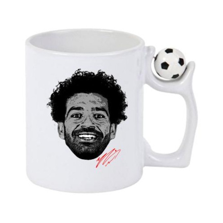 Cana cu fotbalistul Mohamed Salah-Liverpool FC, Cri-Flo, Ceramica, 330ml. Minge rotativa antistres, Maner si interior Alb/Negru