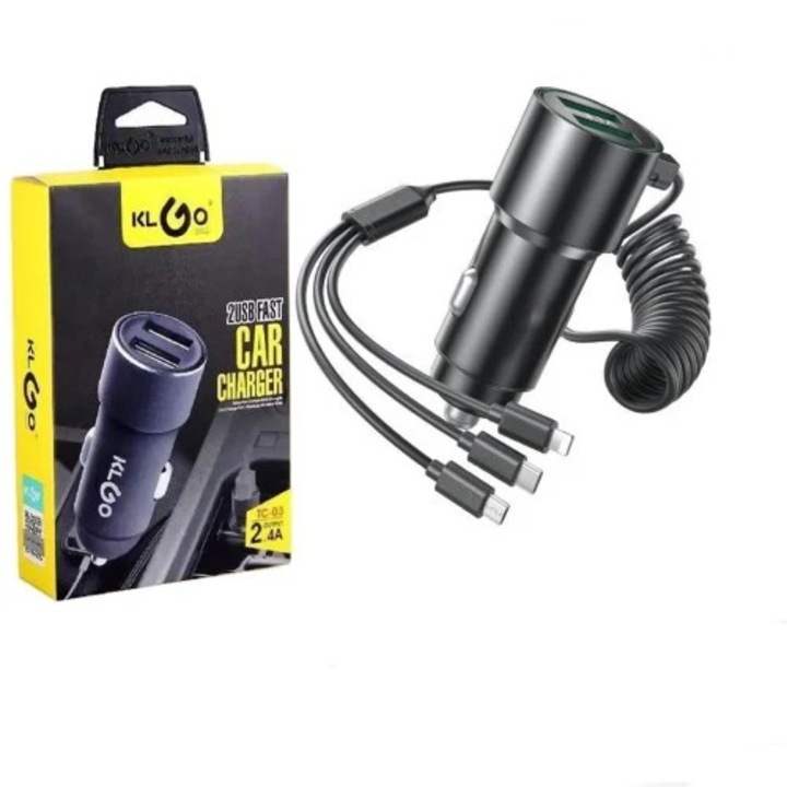 KLGO TC-03 gyors autós töltő 2 USB-vel és 3 az 1-ben kábellel – Erő és sokoldalúság útközben