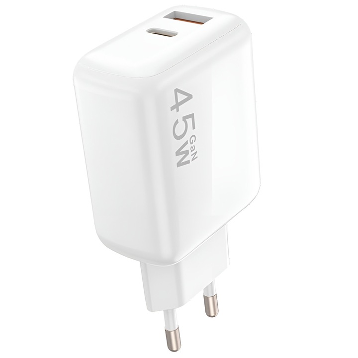 Univerzális 45 W-os GaN fali töltő, iPhone, Samsung, Xiaomi, Huawei készülékekkel kompatibilis, 2 USB-C és USB-A port, gyorstöltés, Power Delivery, Quick Charge 3.0, fehér