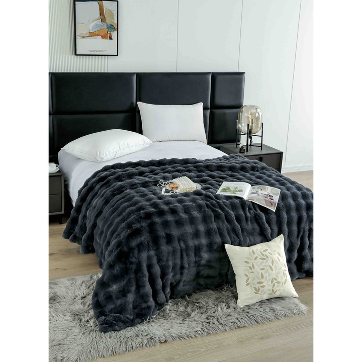 Patură CHIRASO Cocolino, Blana de iepure, gri închis, 200x230cm, pentru Pat Dublu