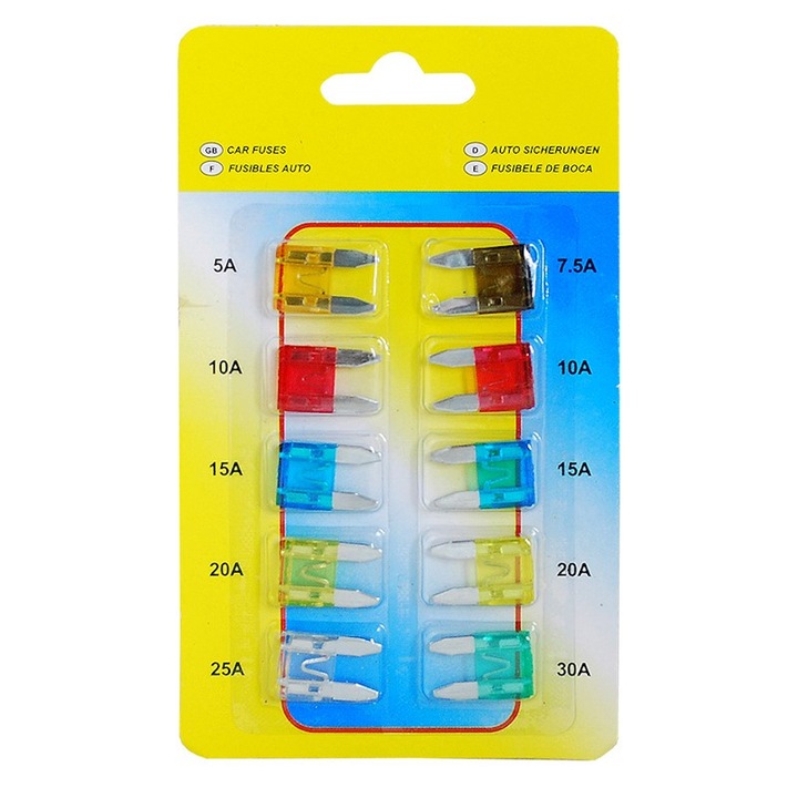 Set sigurante auto pentru motor, 5A/7.5A/20A/15A/20A/30A, 10 bucati, 156x20x20mm, Multicolor