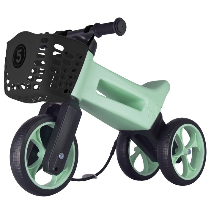 Bicicleta fara pedale cu cosulet pentru ghidon, 2 in 1, 18+ luni, pneuri si manere de cauciuc, 4 nivele de reglaj pe inaltime, Funny Wheels Rider SuperSport Pastel Mint/Black