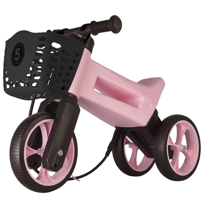 Bicicleta fara pedale cu cosulet pentru ghidon, 2 in 1, 18+ luni, pneuri si manere de cauciuc, 4 nivele de reglaj pe inaltime, Funny Wheels Rider SuperSport Pastel Baby Pink/Black