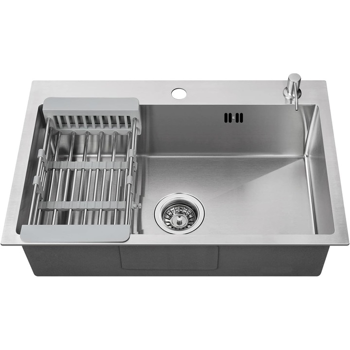 Chiuveta de bucatarie spatioasa 68 x 45 cm din inox – cu sifon tip V anti-miros, dozator sapun, cos de scurgere si accesorii incluse – potrivita pentru vase mari, oale si tavi, Argintiu periat