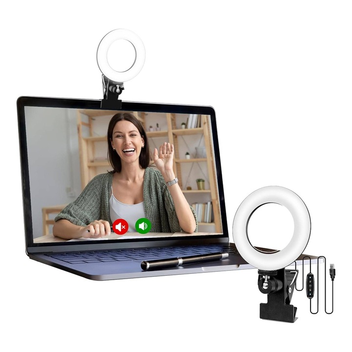 Lampa LED Ring Light pentru Videoconferinte, Timebox, 3 Culori si 5 Niveluri de Luminozitate, Prindere pe Monitor, Alimentare USB, Ideala pentru Zoom, Live Streaming, Tiktok, Makeup sau Cursuri Online