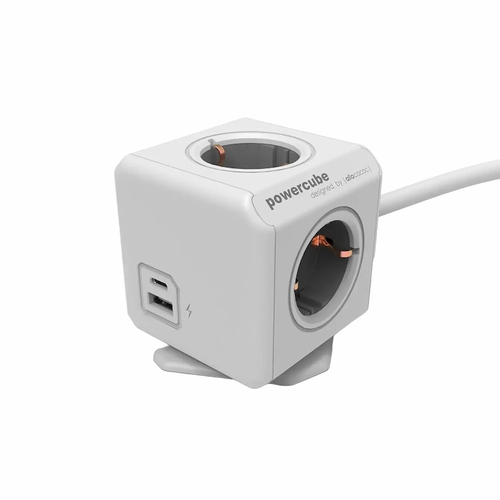 Удължителен кабел Allocacoc cubic, Powercube, 4 гнезда, 2 x USB порта, 1,5 м кабел, идеален за офис/дом, компактен дизайн, сив