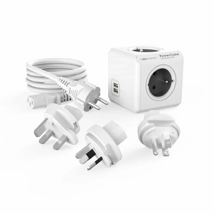 Разклонител Allocacoc cubic, Powercube, 4 гнезда и 3 адаптера за пътуване (UK, USA, AU), 2 x USB-A порт, 1 м IEC кабел, за офис/дом, компактен дизайн, сив