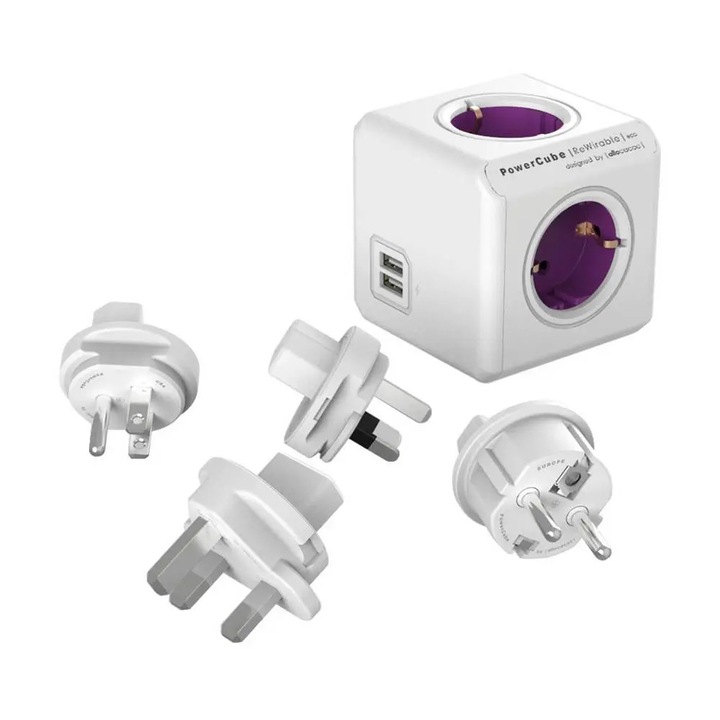 Разклонител Allocacoc cubic, Powercube, 4 гнезда и 3 адаптера за пътуване (UK, USA, AU), 2 x USB-A порта, идеален за офис/дом, компактен дизайн, лилав