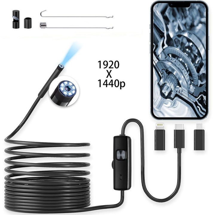 Endoszkópos kamera, OTTOOPPXIN, 1920x1440P, 8 állítható LED, 5 m félmerev kábel, IP67, iOS és Android rendszerekhez
