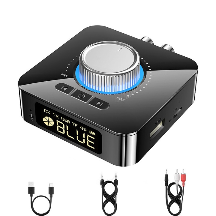 Kettős módú audio adapter, Bluetooth 5.4, 400mAh, LED, AUX, RCA, USB, TF
