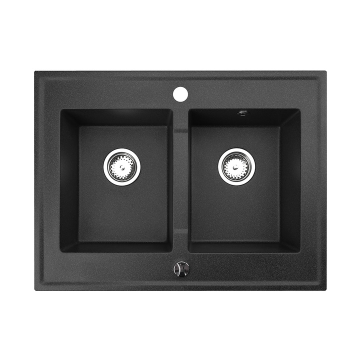 Chiuveta din granit cu doua cuve GRANDE, 80 x 60 cm, negru stropit, pentru montare pe blat, cu 2 orificii standard