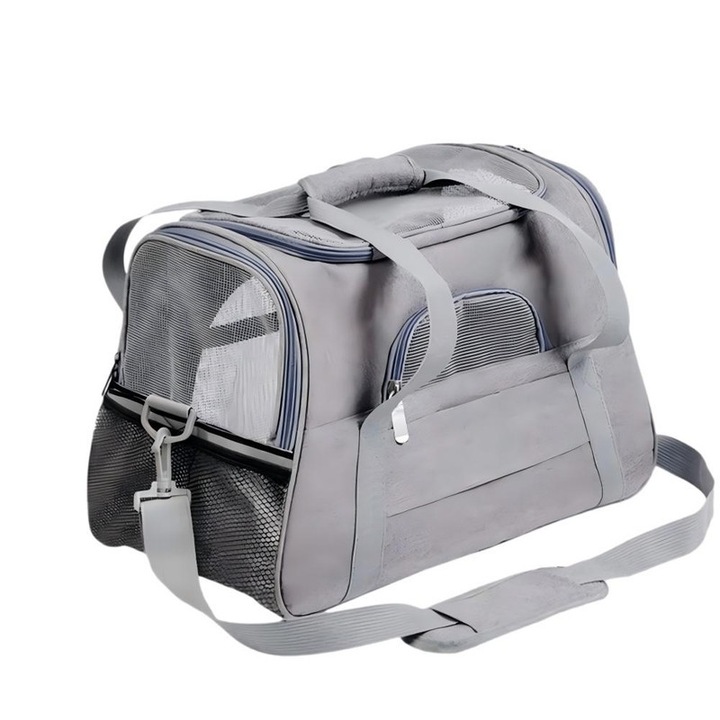 Geanta pentru transport animale mici pliabil, 44x28x25cm, Cu curea de umar reglabila, Plasa respirabila, Pentru caine si pisica, baza rezistenta cu covoras, Gri