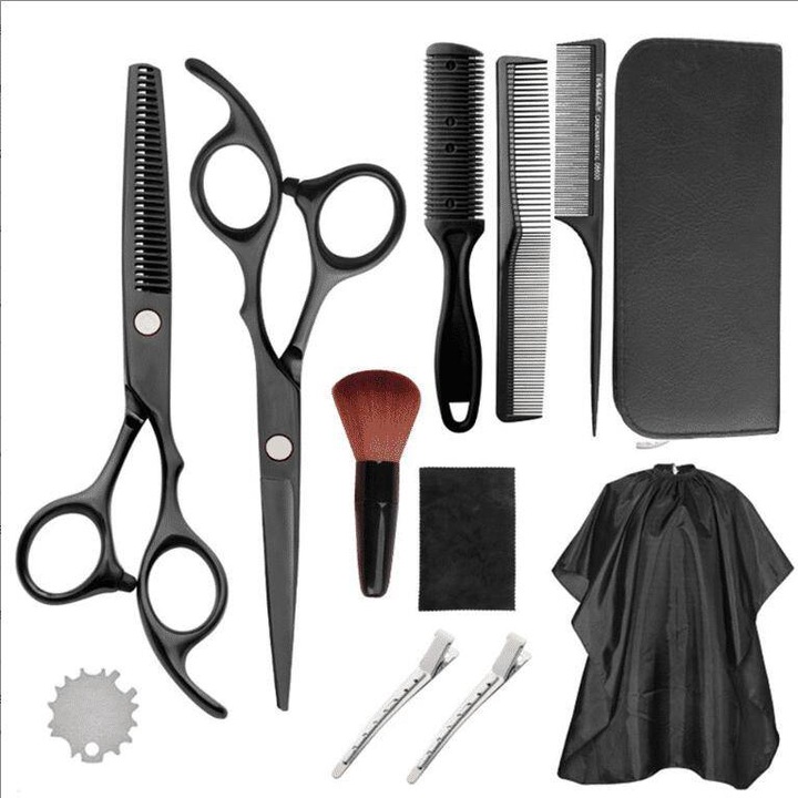 Set de 12 piese foarfece profesionale din otel inoxidabil, ergonomice, pentru tuns si coafat, multicolor