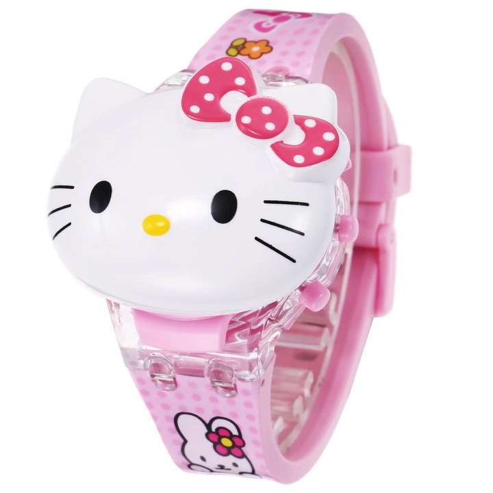 Dolla de plus Hello Kitty, 18cm, roz, set cu ceas flip cartoon, 14x28.5cm