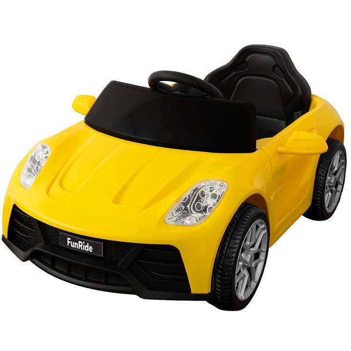 Masinuta Electrica Mavio®, Model FunRide, Copii 3 - 8 Ani, Control Telecomanda, Muzica, Lumini, Viteza Ajustabila 5km/h, Doua Motoare, Faruri, Cauciucuri Spuma EVA, Oglinzi, Port MP3, USB, Galben
