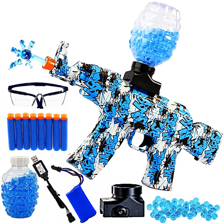 Pusca Electrica Automata de Jucarie cu Bile de Gel de Apa si Gloante de Burete Acumulator 7.4V Tip Mitraliera, Orbeez, Trage in Rafala Gel Blaster,5000 de Bile, Ochelari Protectie, Cablu Incarcare Distanta de Tragere 20 Metri Skin Alb/Albastru SprintMag®