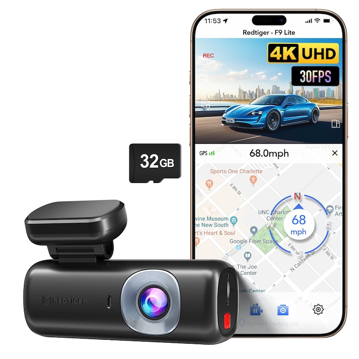 Видеорегистратор REDTIGER F9 Lite 4K, ADAS, WiFi, нощно виждане, GPS, специално приложение, G-сензор и наблюдение на паркирането, включена 32GB карта