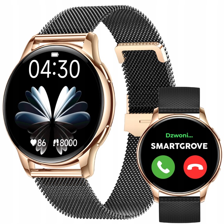 Smartwatch, SmartGrove, SG02, AMOLED HD, 1,32 inch, negru-auriu, cu bratara metalica si curea din silicon