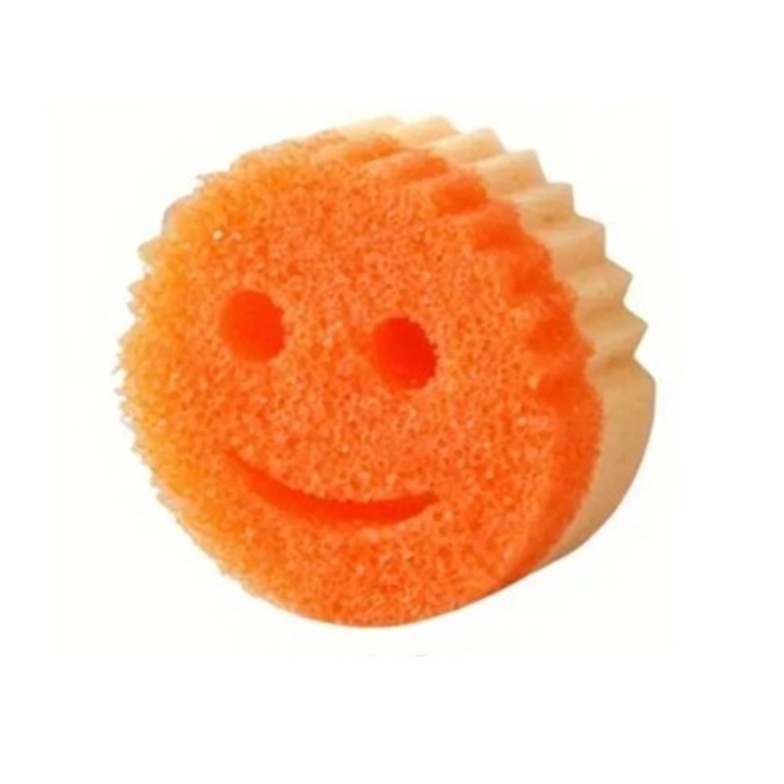 Гъба за съдове, Flippy, кръгла, PU гъба, с шарка на усмихнато лице, две страни, 10 x 4 см, оранжева/жълта