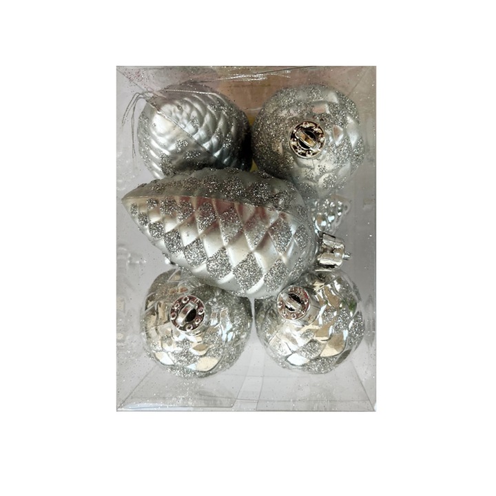 Set Globuri de Craciun in forma de con de brad 6 buc, HB165 Argintiu