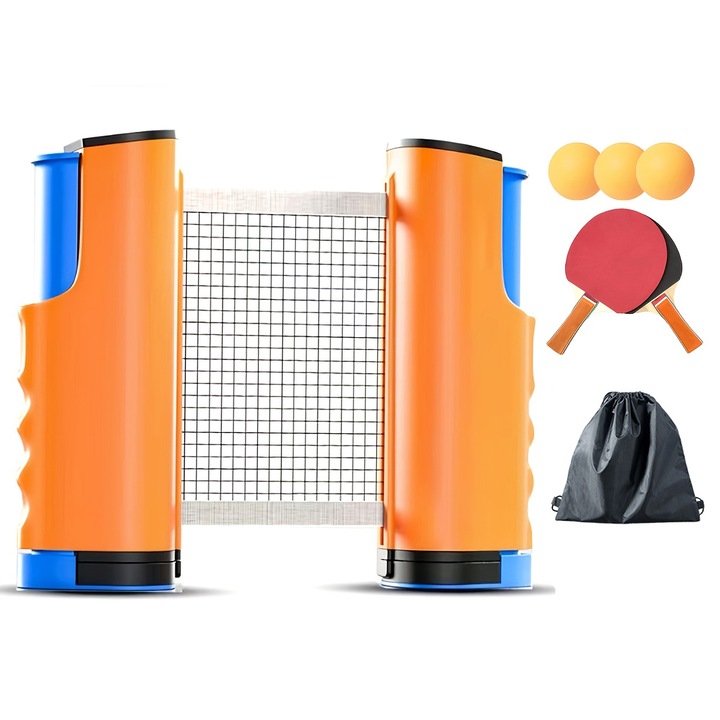 Преносим комплект за тренировки по тенис на маса, регулируема мрежа, 2 ракети, 3 топки, чанта за съхранение с шнур, комплект за пинг-понг за закрито и открито, идеален за спорт, PVC материал, WALALLA, оранжев