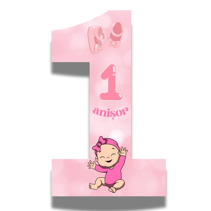 Cifra aniversara 1 din polistiren, roz, inaltime 100 cm, bebe cu fundita