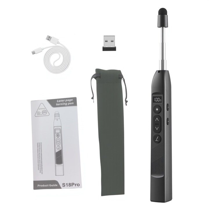 Omelivon S18 Pro vezeték nélküli prezentációs mutató, visszahúzható, érintőkupak, 3 piros fényszint, újratölthető, 180 napos készenléti idő, 42 g, fekete