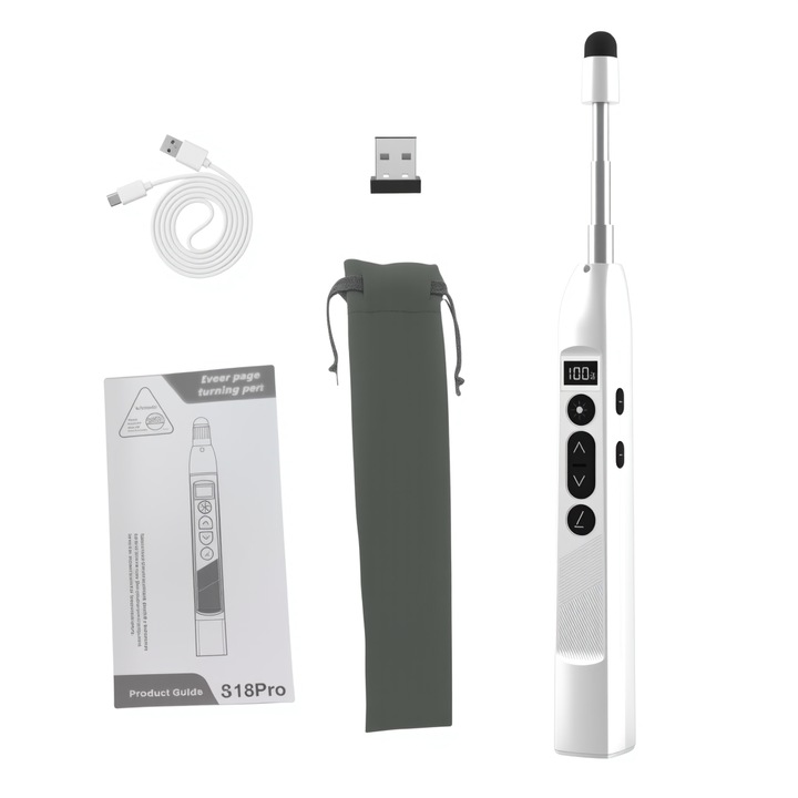 Omelivon S18 Pro vezeték nélküli prezentációs mutató, visszahúzható, érintőkupak, 3 piros fényszint, újratölthető, 180 napos készenléti idő, 42 g, fehér