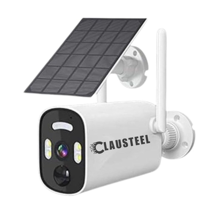 CLAUSTEEL камера за видеонаблюдение с включен соларен панел, WIFI, 4MPX, батерия 9000mAh, сензор за движение, нощно виждане, цветна, двупосочна комуникация, бяла