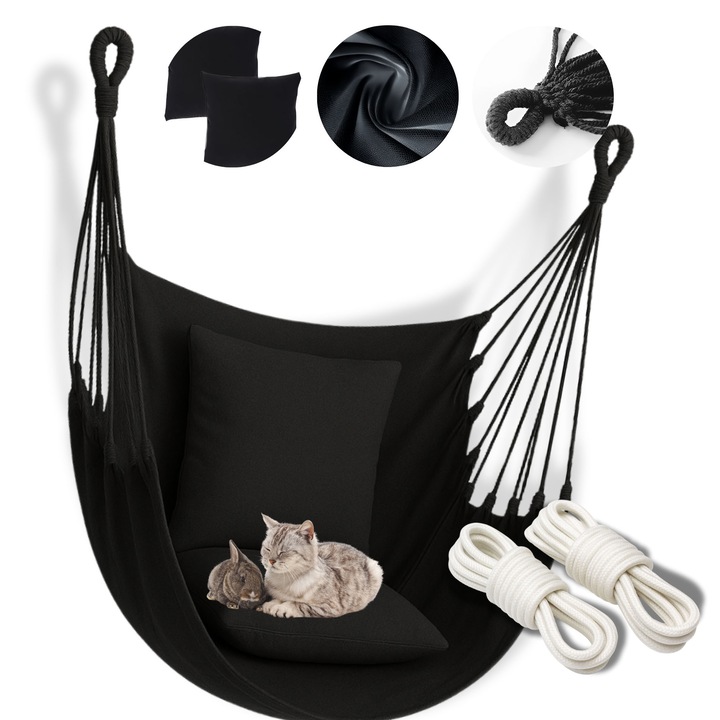 Fotoliu Hamac Suspendat Brazilian Cu Perne Galaxia® Negru XXL 130x95 cm Panza Aerisita din Bumbac pentru Interior si Exterior